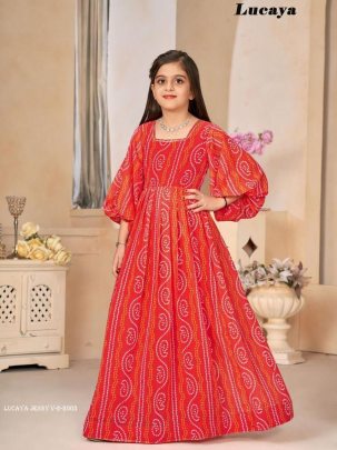 Lucaya Jenny V 2 Red Kids Girls Printed Anarkali Western Gown