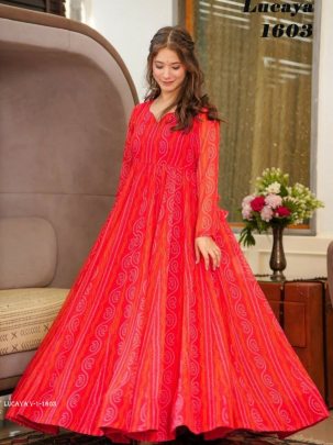 LUCAYA Red Digital Printed Heavy Georgette Western Gown