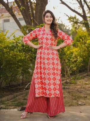 Lucaya V 1805 Red Digital Printed Rayon Kurtis Pant Set
