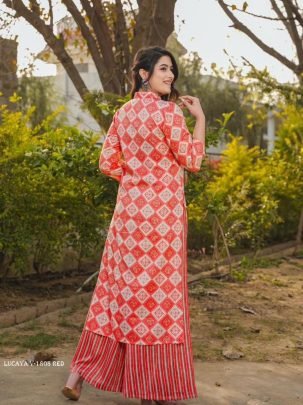 Lucaya V 1805 Red Digital Printed Rayon Kurtis Pant Set