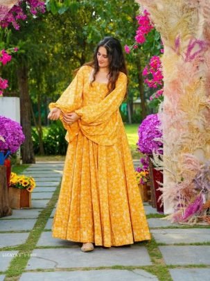 LUCAYA Yellow Digital Printed Heavy Georgette Western Gown