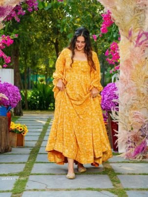 LUCAYA Yellow Digital Printed Heavy Georgette Western Gown
