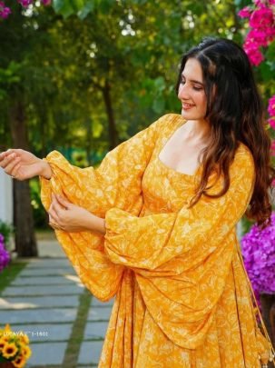 LUCAYA Yellow Digital Printed Heavy Georgette Western Gown