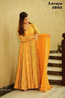 LUCAYA Yellow Digital Printed Heavy Georgette Western Gown