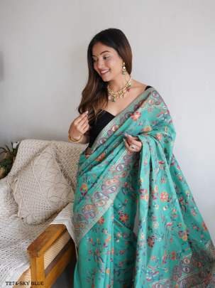 Luxurious Sky Blue Cotton Thread Weaving Saree