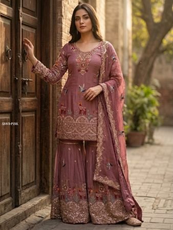 Luxury Designer Sharara Suit in Chinon Silk with Heavy Sequence Embroidery