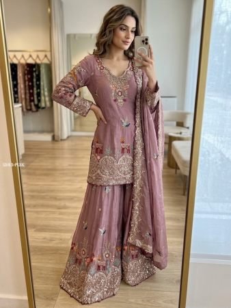 Luxury Designer Sharara Suit in Chinon Silk with Heavy Sequence Embroidery