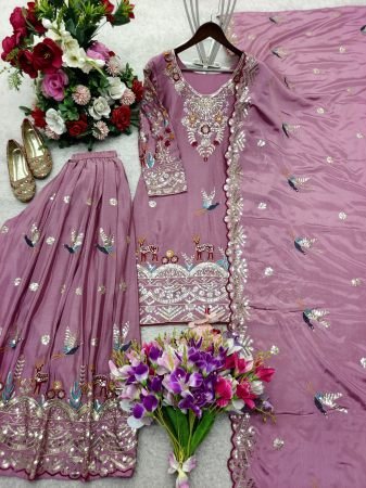 Luxury Designer Sharara Suit in Chinon Silk with Heavy Sequence Embroidery
