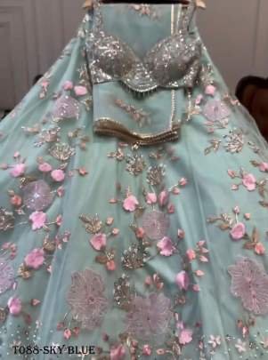 Luxury Designer Tabby Sky Blue Silk Lehenga Choli