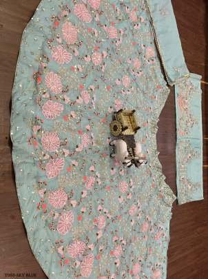 Luxury Designer Tabby Sky Blue Silk Lehenga Choli