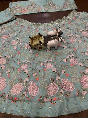 Luxury Designer Tabby Sky Blue Silk Lehenga Choli