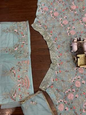 Luxury Designer Tabby Sky Blue Silk Lehenga Choli