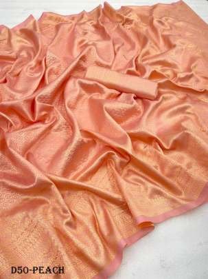 Luxury Peach Banarasi Soft Silk Saree With Copper Zari Weaving