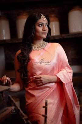 Luxury Peach Banarasi Soft Silk Saree With Copper Zari Weaving
