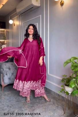 Magenta Embroidery Work  Readymade Gown Palazzo With Dupatta 