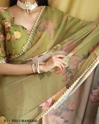 Mahendi Party Wear And Pearl Lace Border Georgette Saree