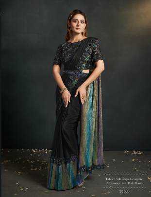 Mahotsav Moh Manthan Black Silk Crepe Georgette Ready to Wear Saree with Stitched Blouse
