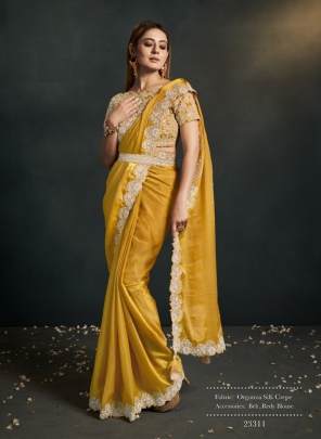 Mahotsav Moh Manthan Yellow Organza Crepe Ready to Wear Saree with Stitched Blouse