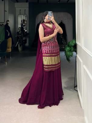 Majestic Maroon Printed Handwork Peplum Plazzo Set with Golden Accent
