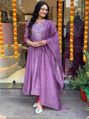 Mal Chanderi Silk Lavender Kurti Pant Set