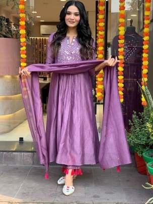 Mal Chanderi Silk Lavender Kurti Pant Set