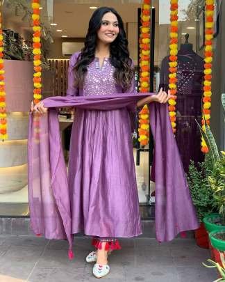 Mal Chanderi Silk Lavender Kurti Pant Set