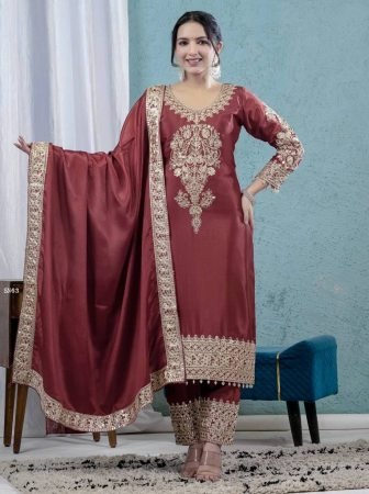 Maroon Chinon Silk Embroidered  Suit with Dupatta