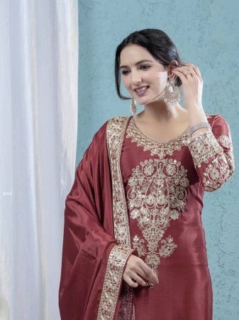 Maroon Chinon Silk Embroidered  Suit with Dupatta