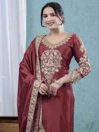 Maroon Chinon Silk Embroidered  Suit with Dupatta