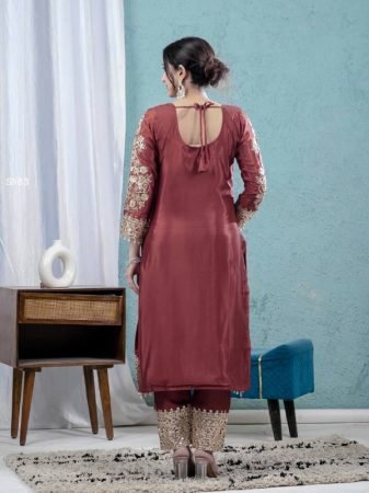 Maroon Chinon Silk Embroidered  Suit with Dupatta