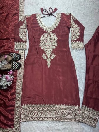 Maroon Chinon Silk Embroidered  Suit with Dupatta