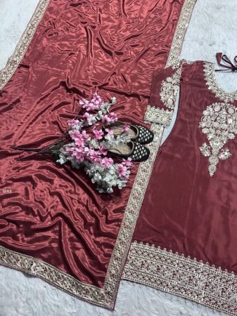 Maroon Chinon Silk Embroidered  Suit with Dupatta