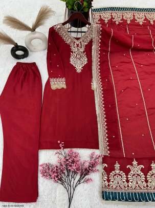 Maroon Color Designer Chinon Silk Embroidery Top Bottom Dupatta Outfit