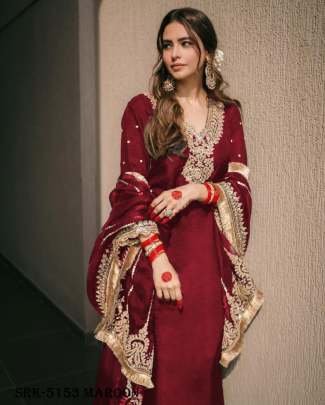 Maroon Color Designer Chinon Silk Embroidery Top Bottom Dupatta Outfit