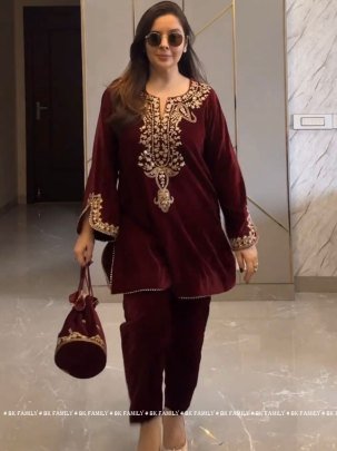Maroon color heavy viscose velvet with heavy embroidery co ord set