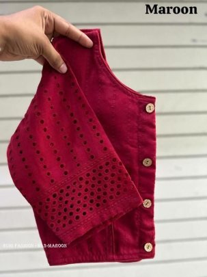Maroon Color Jaipuri Goli Hakoba Boat Neck Ready made Blouse with Wooden Button