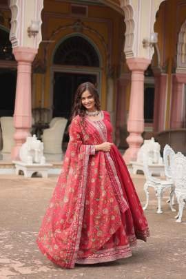 Maroon Colour Chinnon Fabric Gown With Dupatta