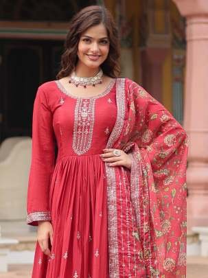 Maroon Colour Chinnon Fabric Gown With Dupatta