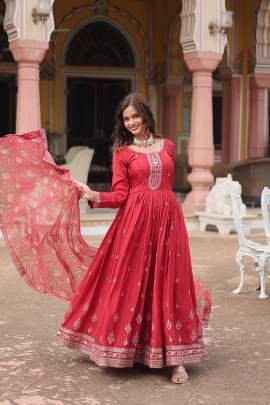 Maroon Colour Chinnon Fabric Gown With Dupatta