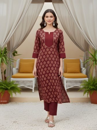 Maroon Cotton Printed Straight Kurta-pant