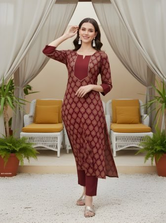 Maroon Cotton Printed Straight Kurta-pant
