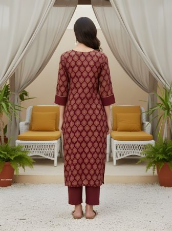 Maroon Cotton Printed Straight Kurta-pant