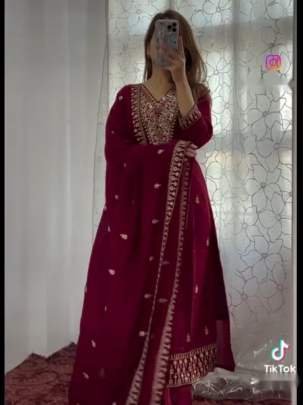 Maroon Designer Pure Chinon Silk Top And Pant Set With Dupatta