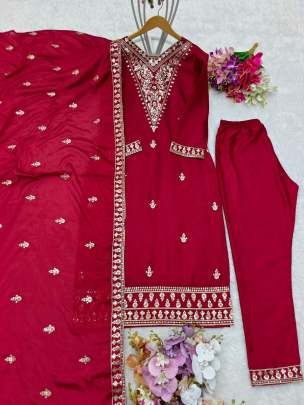 Maroon Designer Pure Chinon Silk Top And Pant Set With Dupatta