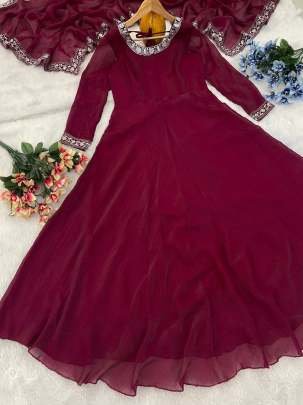 Maroon Embroidered Gown With Umbrella Flare