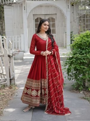 Maroon Embroidered Sequins Work Gown With Dupatta