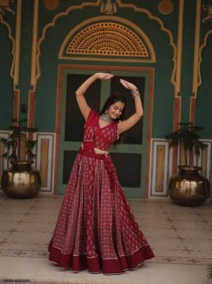 Maroon Fancy Printed Rayon Lehenga Choli With Gotta Patti Lace
