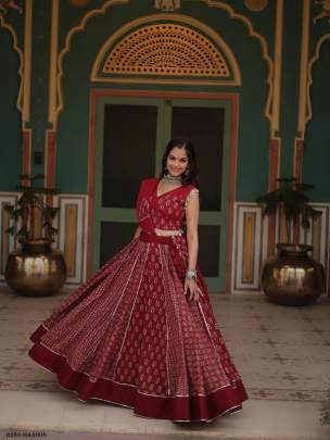 Maroon Fancy Printed Rayon Lehenga Choli With Gotta Patti Lace