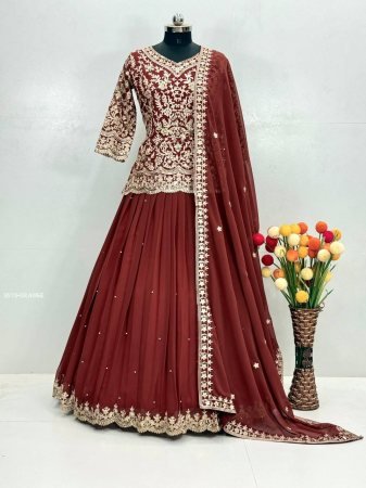 Maroon Faux Georgette Lehenga Set with Heavy Sequence Work And Dupatta