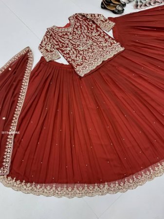 Maroon Faux Georgette Lehenga Set with Heavy Sequence Work And Dupatta